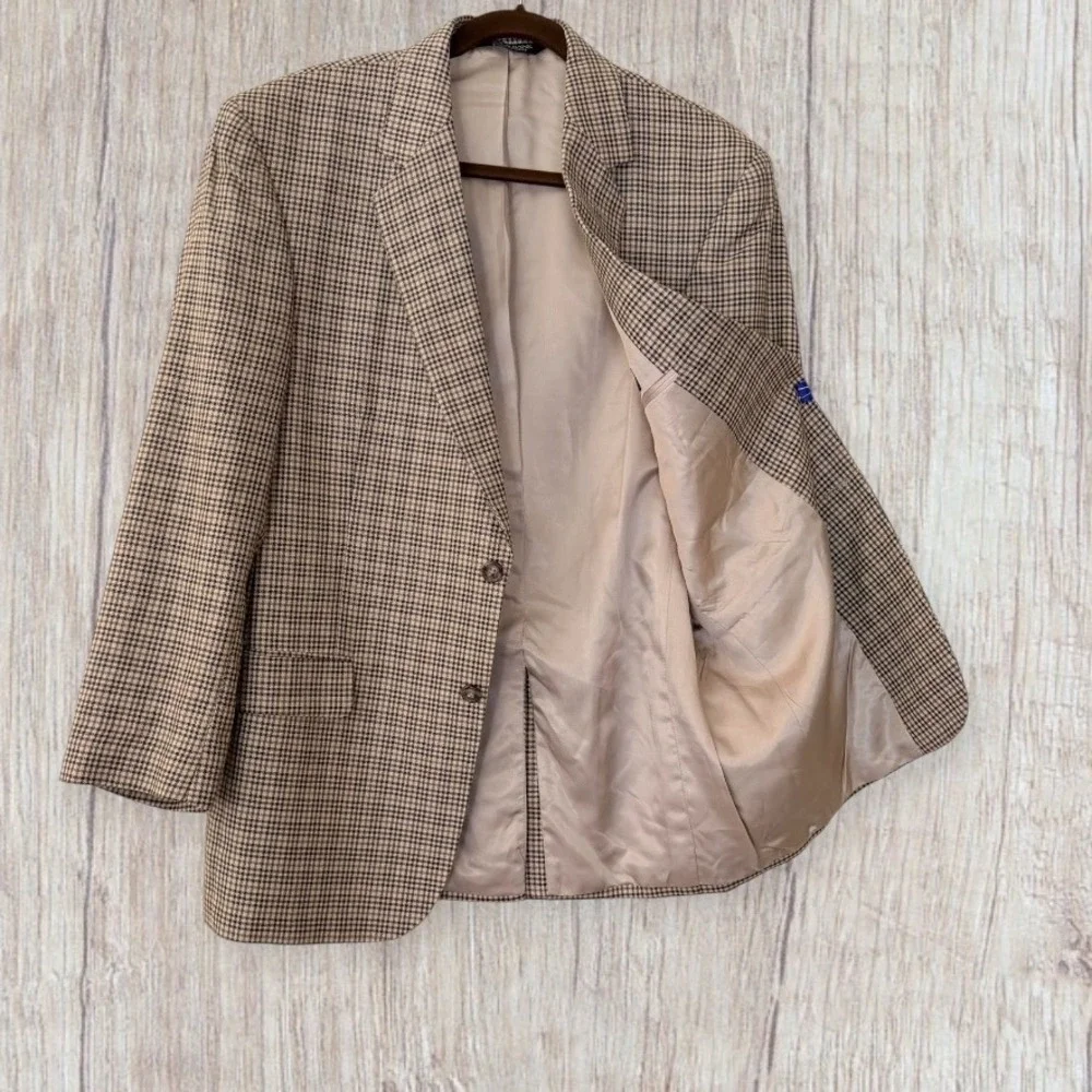 Jos A. Bank Silk Wool Blend Houndstooth Sport Coat Blazer Tan Brown 41 Regular